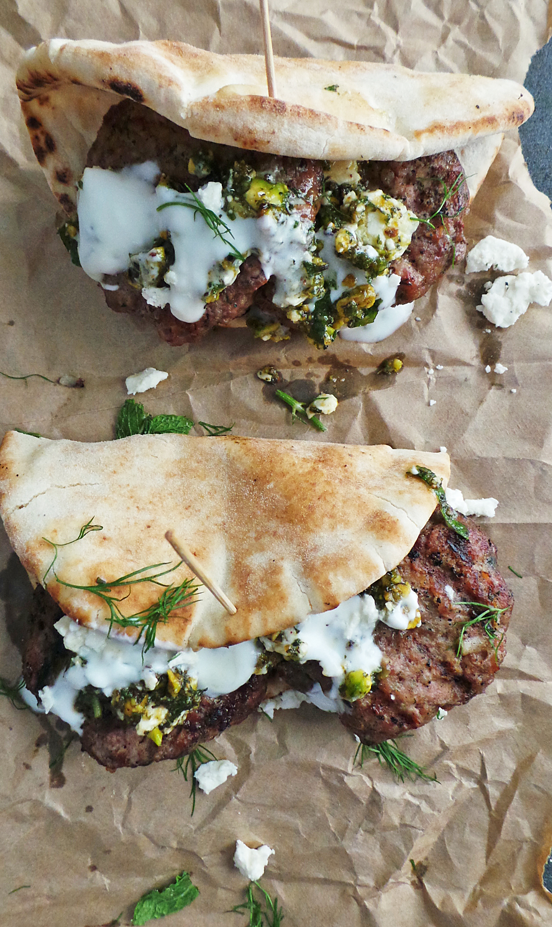 Grilled Lamb Pitas w. Pistachio & Mint Pesto