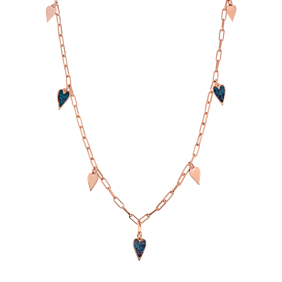 Long chain necklace with large rings in rose gold and black enamel