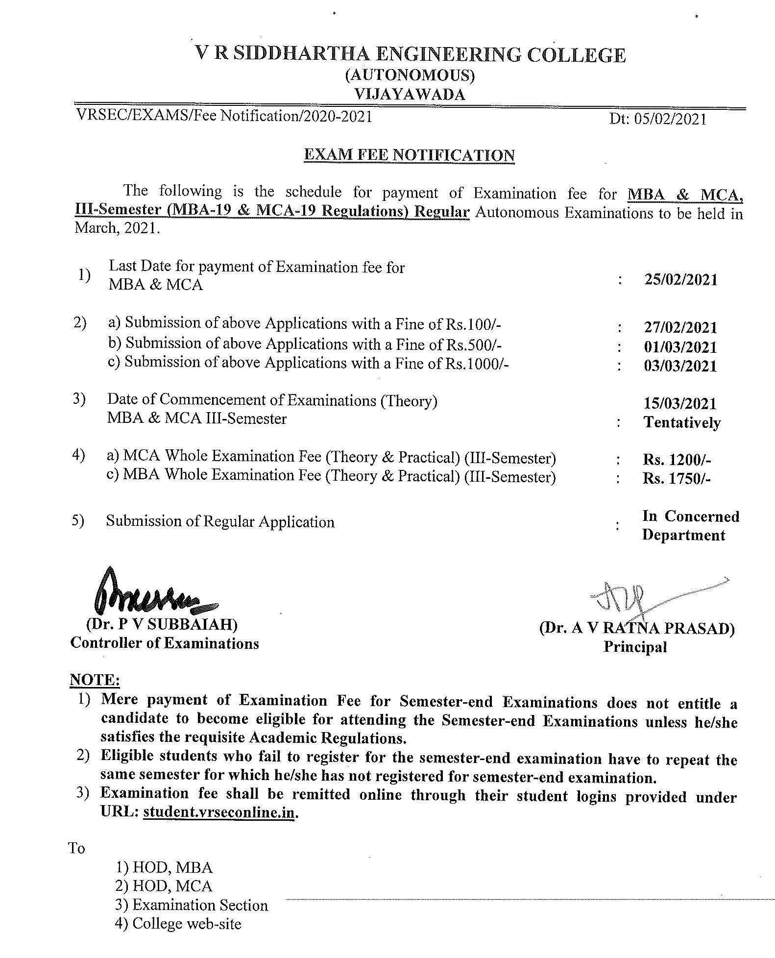 Exam fee notification for MBA & MCA IIISemester (19 Regulation