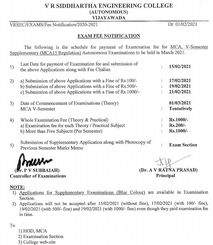 Exam fee notification for MCA & MBA I, III & MCA VSemesters (15