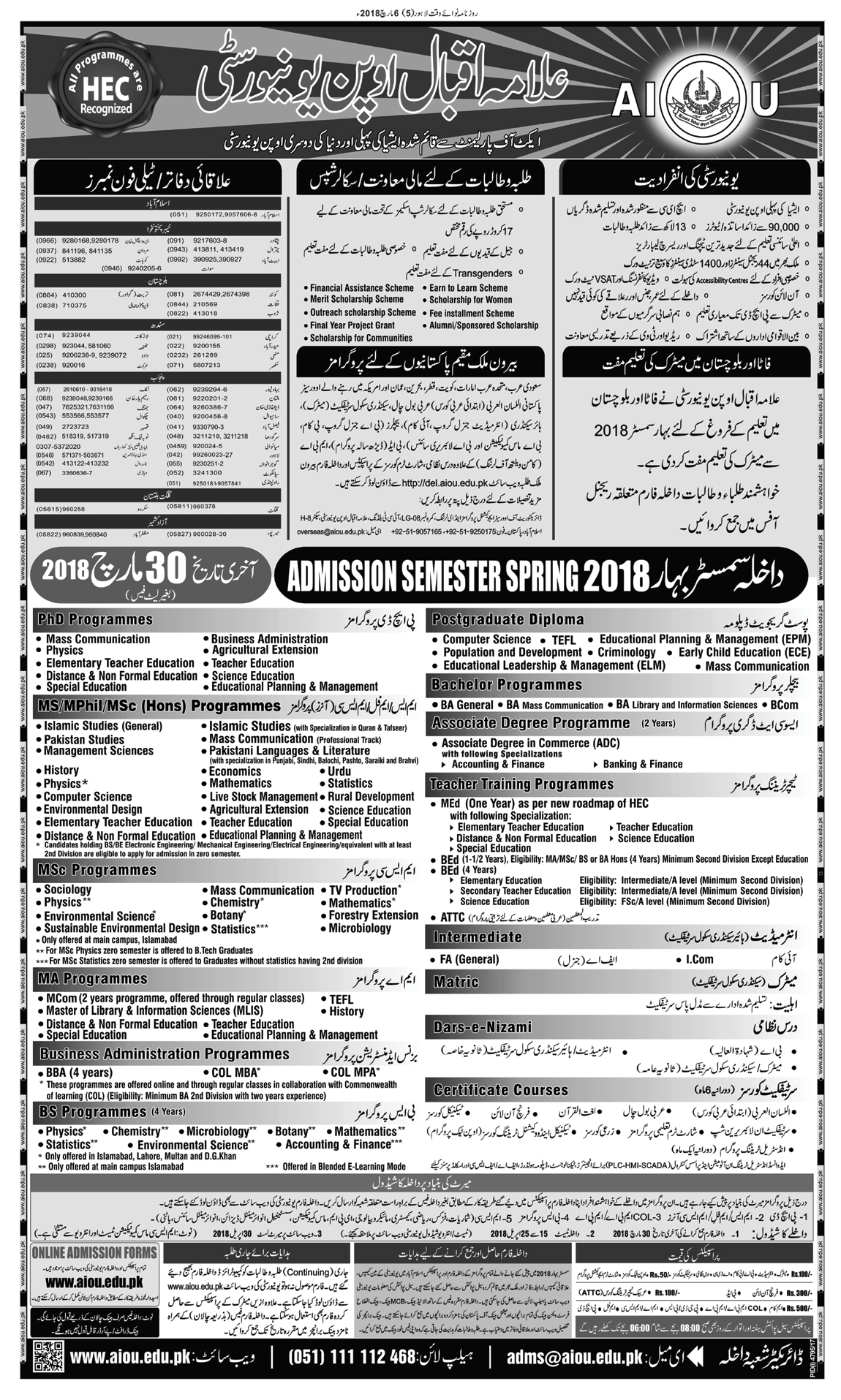AIOU Admission 2018 Last Date and Admission Form Download