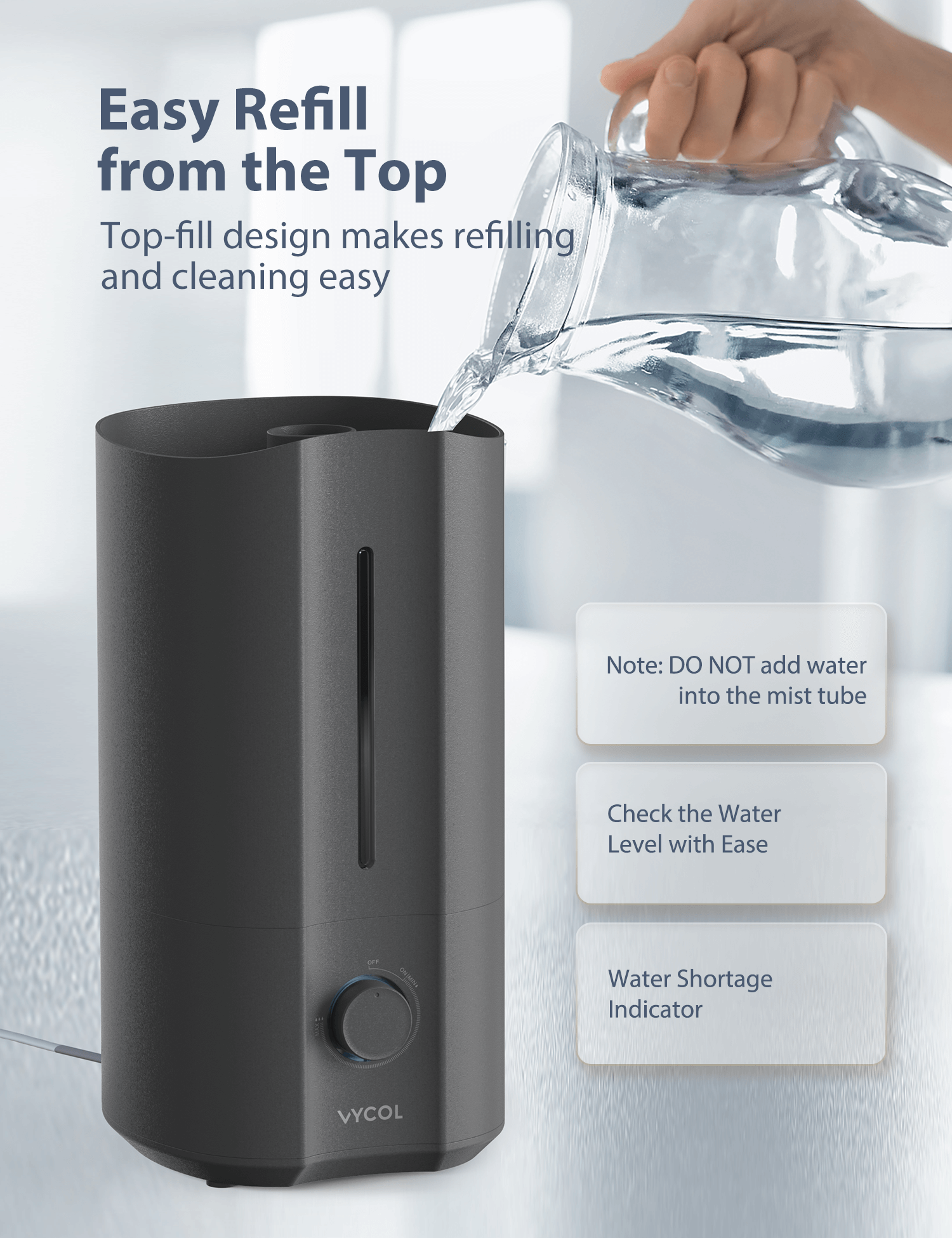 VYCOL Humidifiers for Bedrooms, 4L Ultrasonic Top Fill Cool Mist