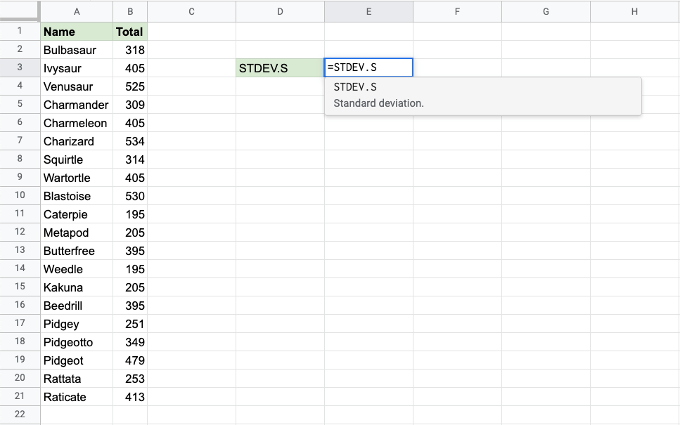 Google Sheets STDEV.S Function