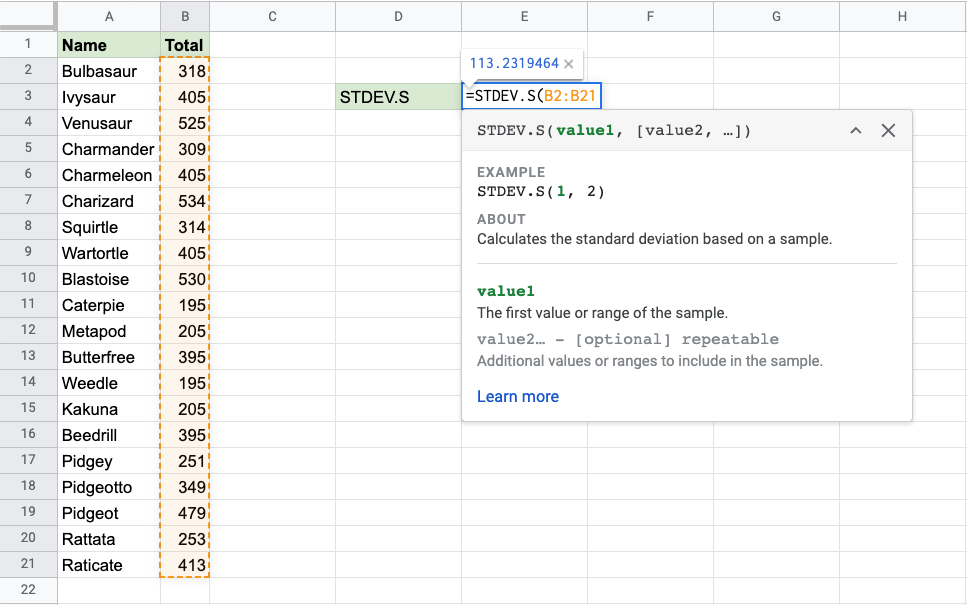 Google Sheets STDEV.S Function