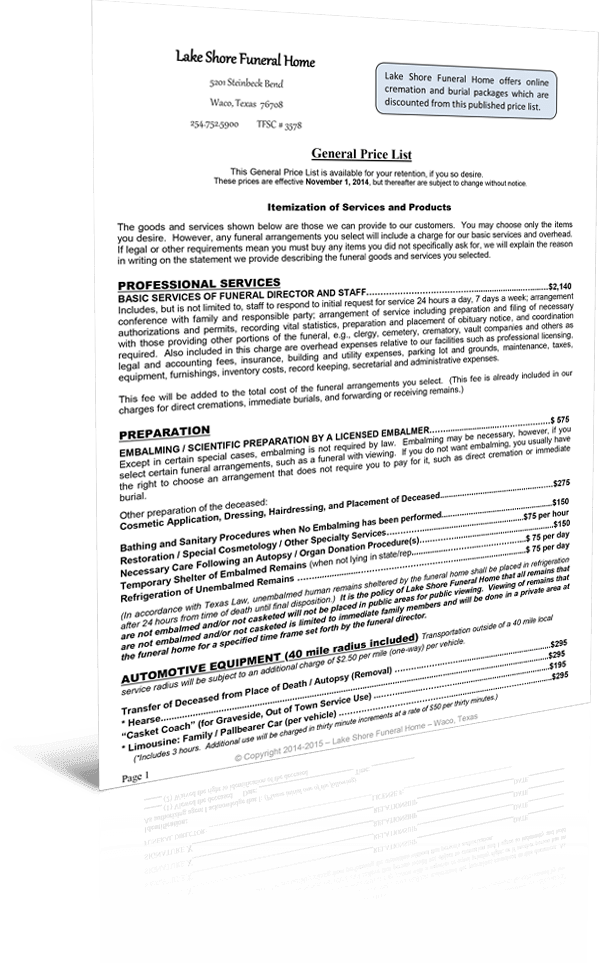 Lake Shore Funeral Home General Price List Waco Cremation