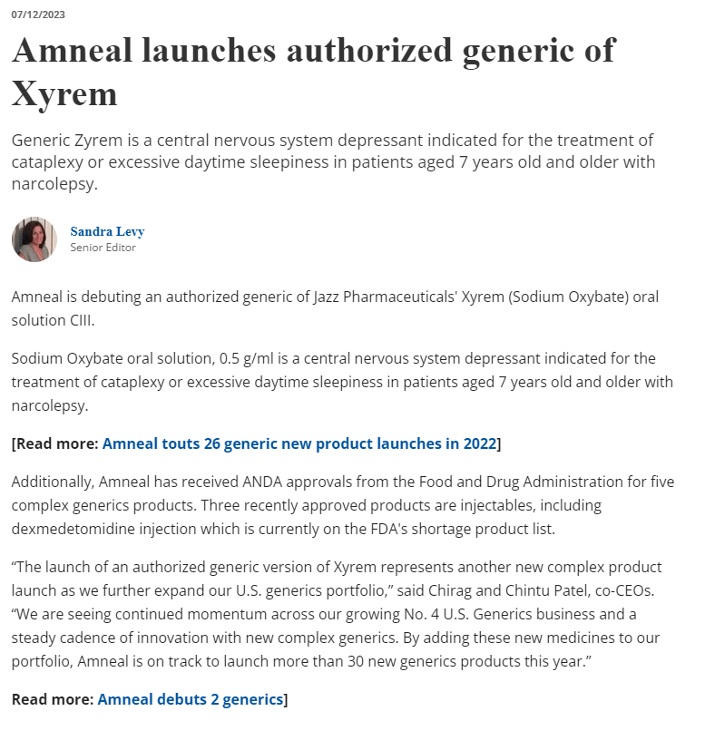 Amneal Launches Authorized Generic of Xyrem Drug Store News Wake Up