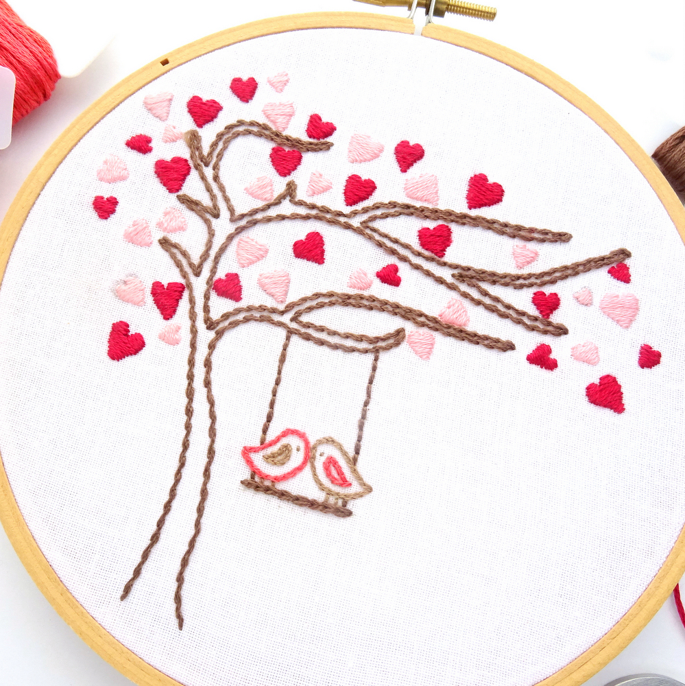 Love Birds Heart Tree Hand Embroidery Pattern Wandering Threads Embroidery