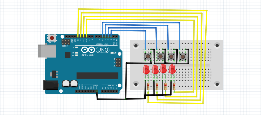 Menyalakan 4 LED Dengan 4 Push Button Menggunakan Arduino UNO - Warriornux