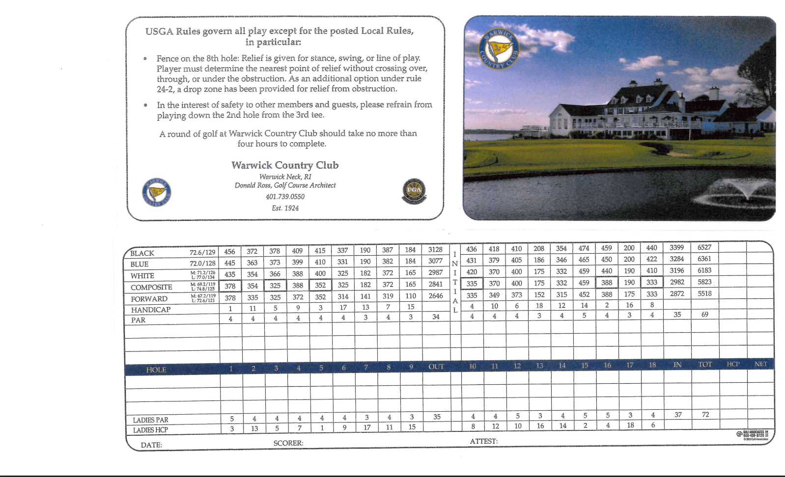 Warwick Country Club Scorecard