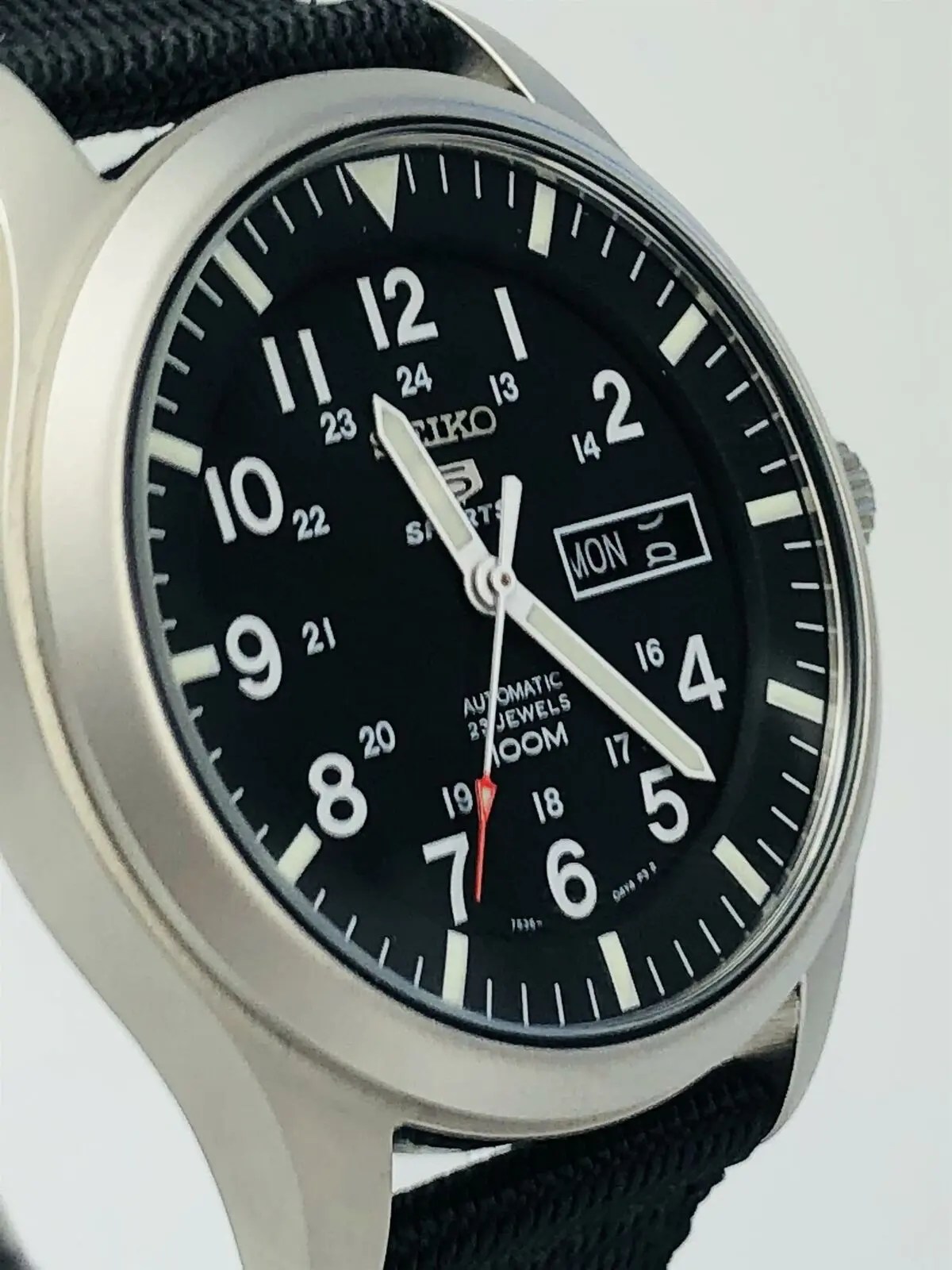 Seiko 5 Sports Military Automatic Black Canvas Mens Watch SNZG15K1