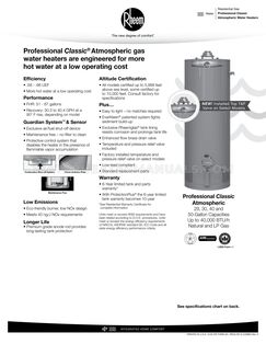 Rheem PROG4040NRH62 Water Heater Spec Sheet | Water Heater Manuals