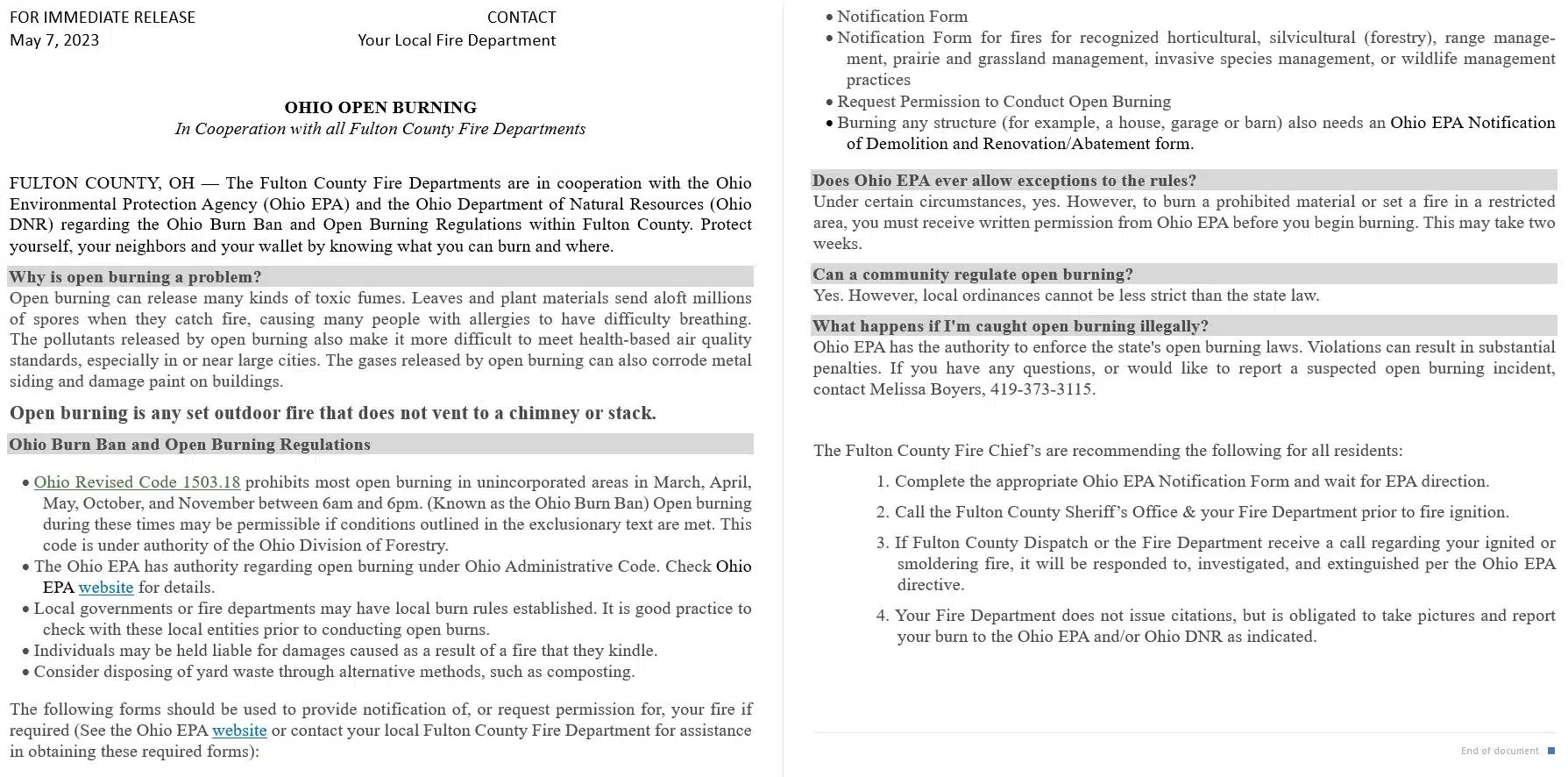 Open Burning Wauseon Fire Department