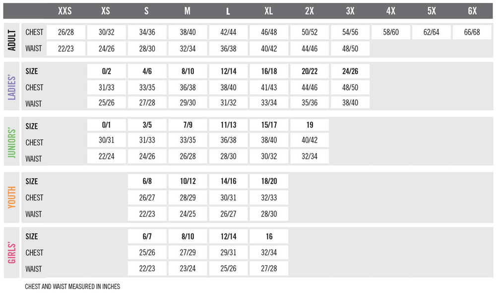 Team Uniforms Size Charts by Brand from Wave One Sports
