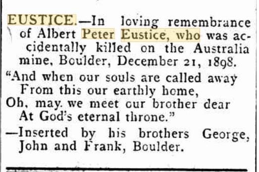 Albert “Alfred” Peter EUSTICE Western Australian Virtual Miners Memorial