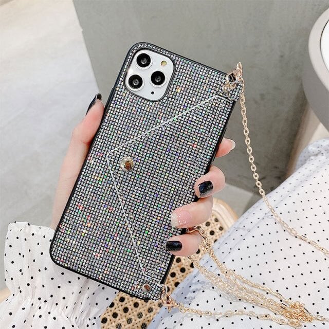 Diamond Envelope Wallet iPhone Case With Gold Phone Chain