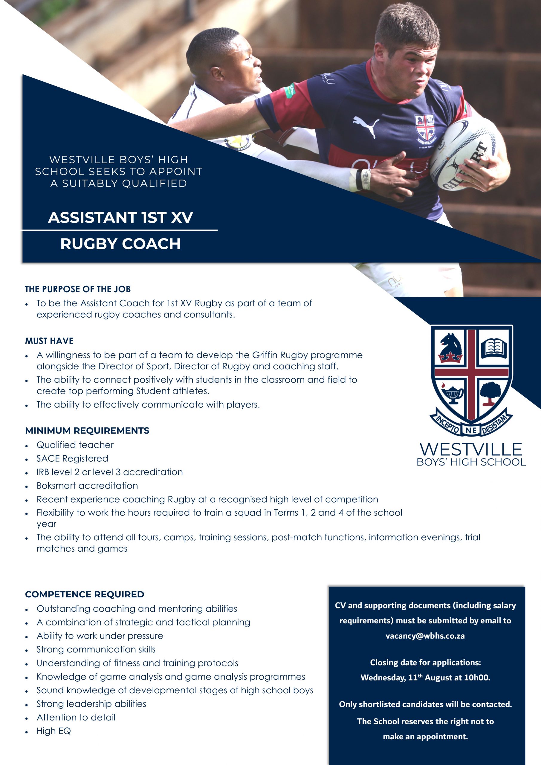 1st XV Assistant Rugby Coach Position WBHS Westville Boys' High School