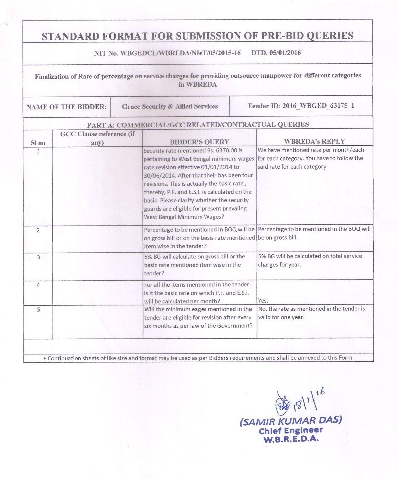 Clarification Against PreBid Queries against NIT No.WBGEDCL/WBREDA