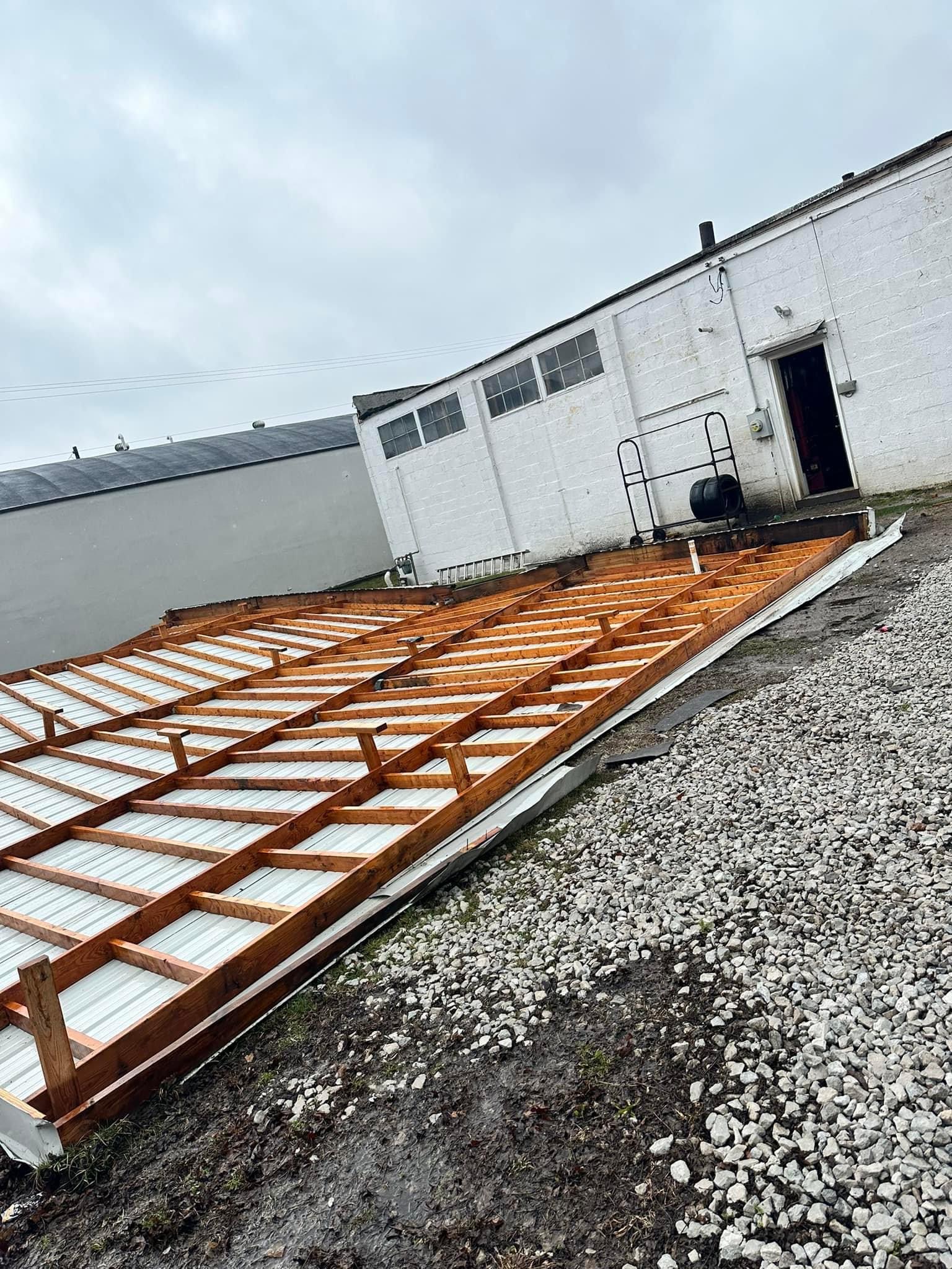 Roof flies off Bement automotive garage in high winds