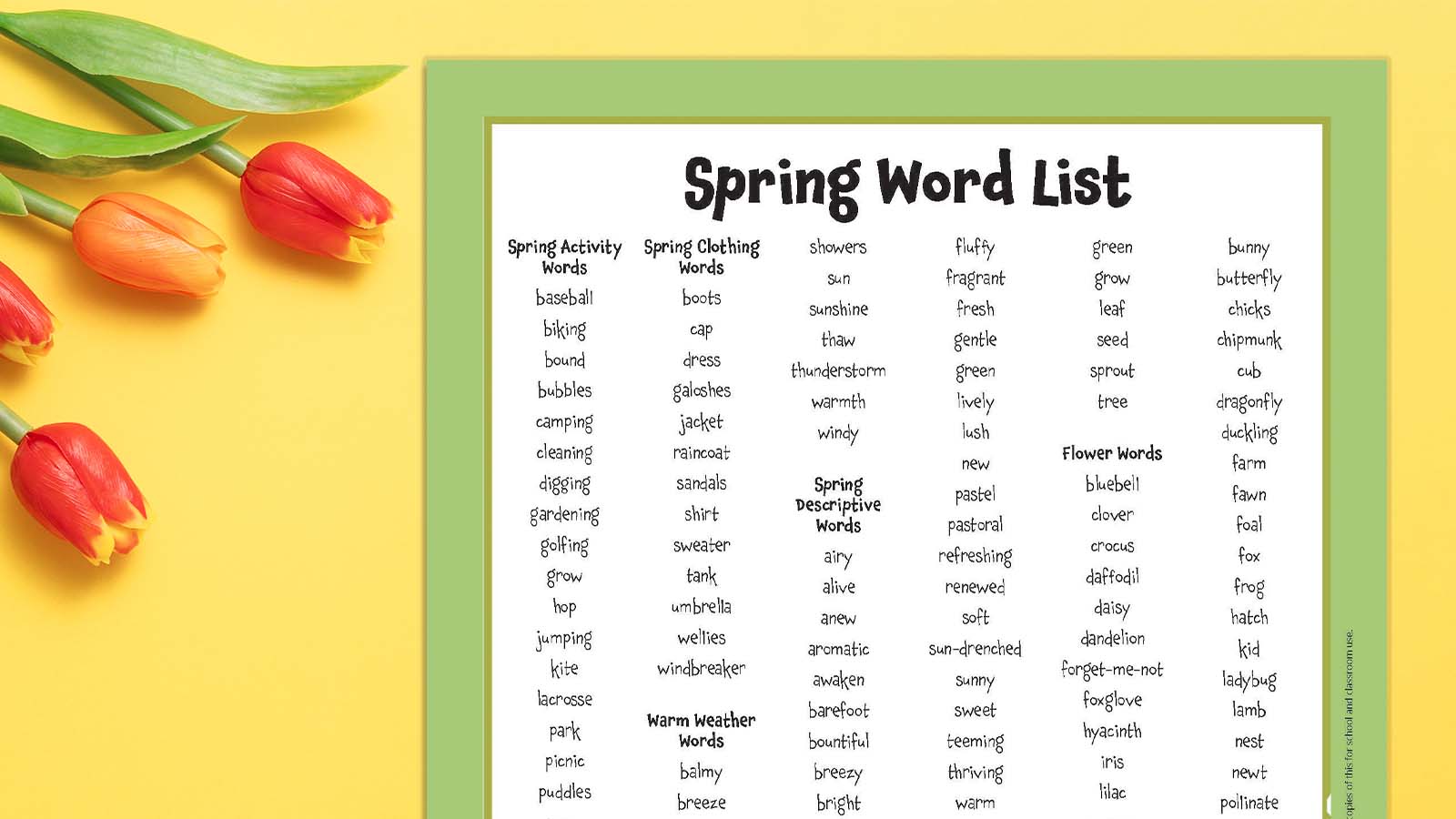 140+ Spring Words for Writing, Vocab, and More (Free Printable