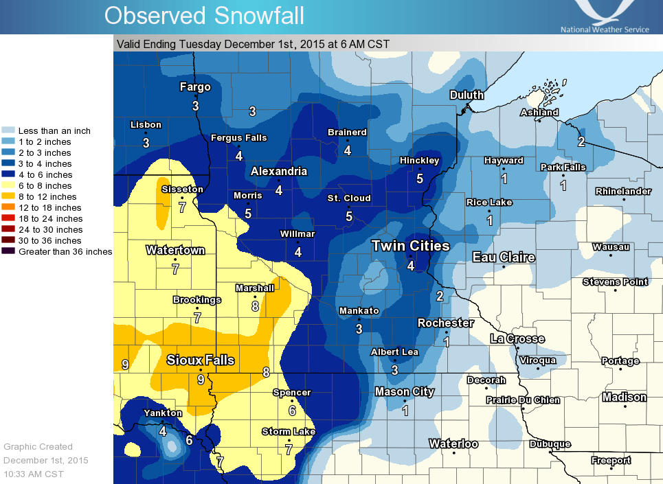 Snowfall Summary for the Nov 30 to Dec 01 Winter Storm