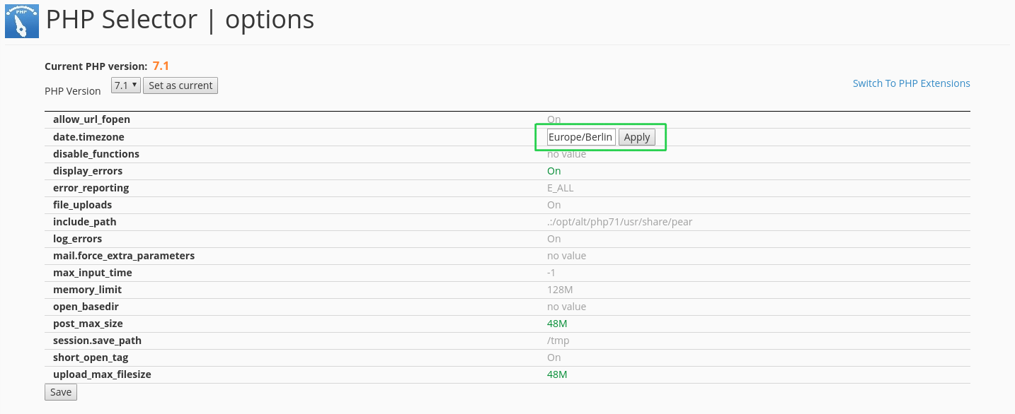 How to change the date.timezone value in PHP?