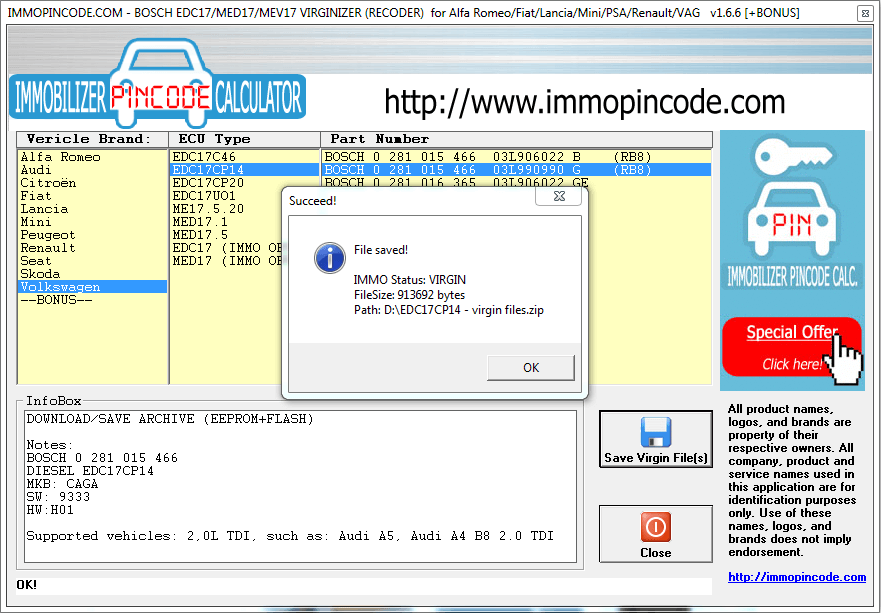 SPECIAL OFFERS HOT DEALS! Immobilizer Pincode Calculator (official website)