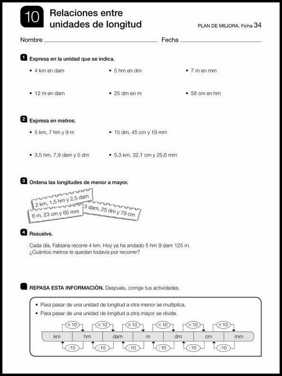Maths Review Worksheets for 10YearOlds. In Spanish