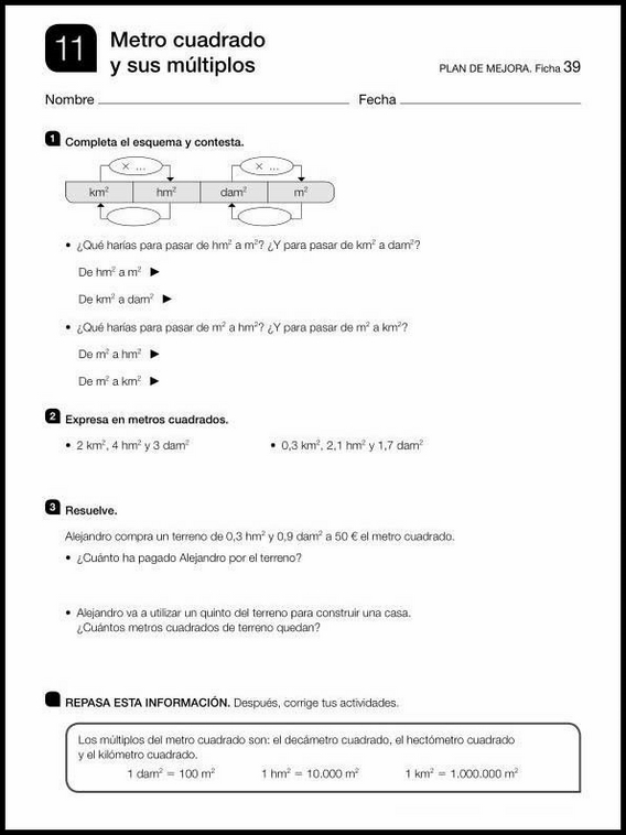 Maths Review Worksheets for 10YearOlds. In Spanish