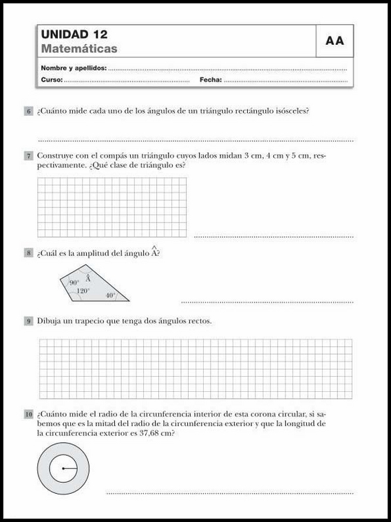 Maths Review Worksheets for 10YearOlds. In Spanish