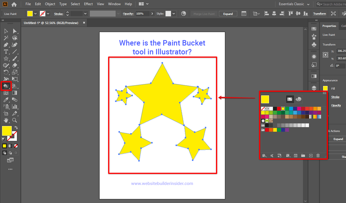 Where is the Paint Bucket tool in Illustrator?