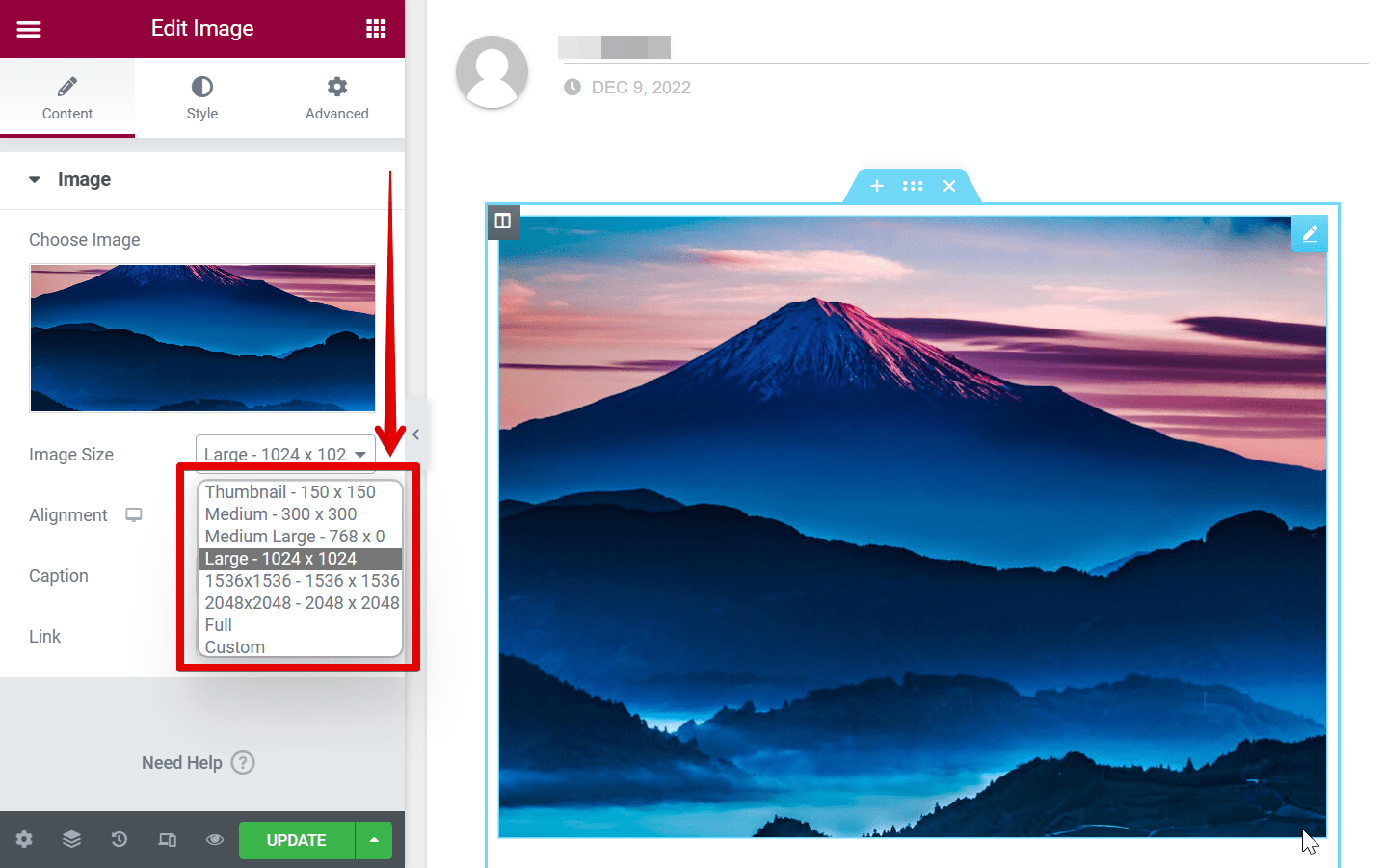 How do I resize an image in Elementor?