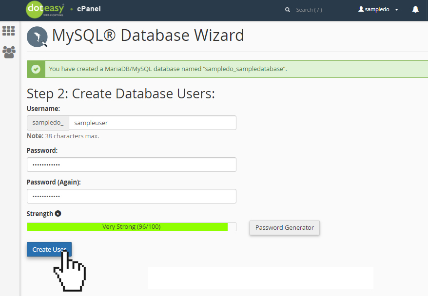 Setting up your first database with MySQL Database Wizard Doteasy