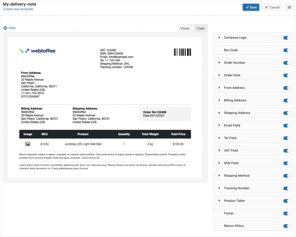 Set up Delivery Notes Toffee