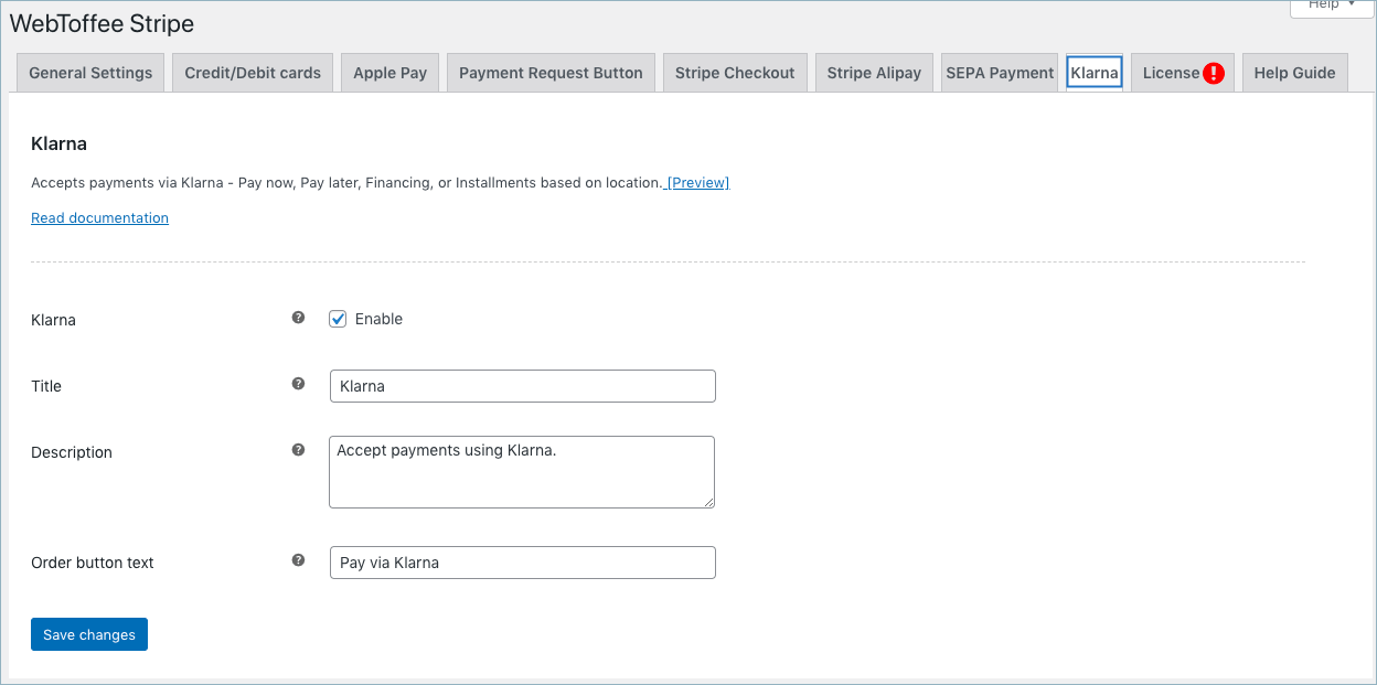 Setting up Klarna payment using Stripe Toffee