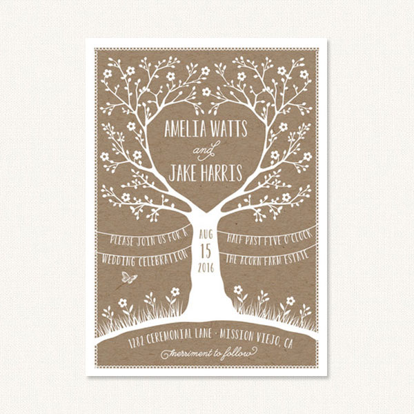 Tree Wedding Invitation Woodland Heart Tree With Flowers and Bunting