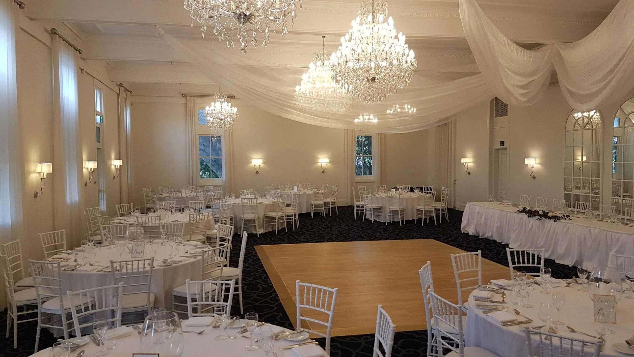White Ceiling Drapes Wedding Event Styling Sydney