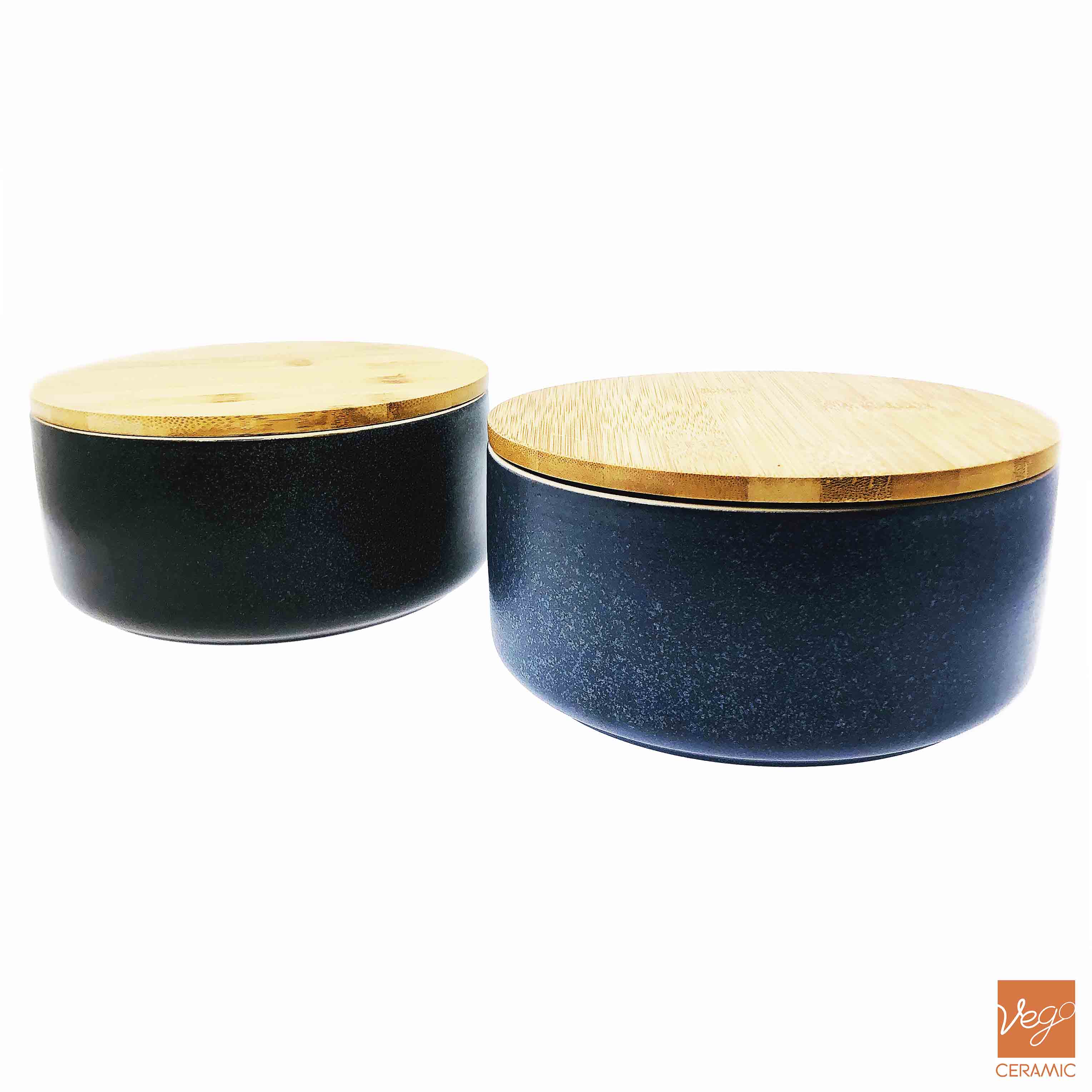 Reactive glazed ceramic food storage jars with bamboo lid