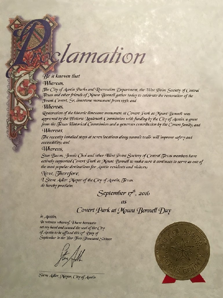 Mayor Adler Declares Covert Park Mt. Bonnell Day, Recognizes Society