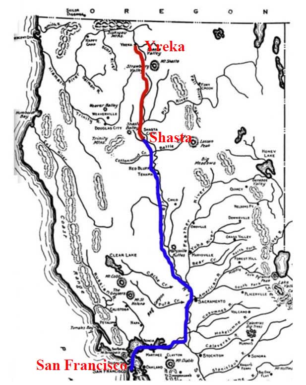 Cheyenne To San Francisco Map Map of route from Yreka to Shasta to San Francisco Western Cover Society