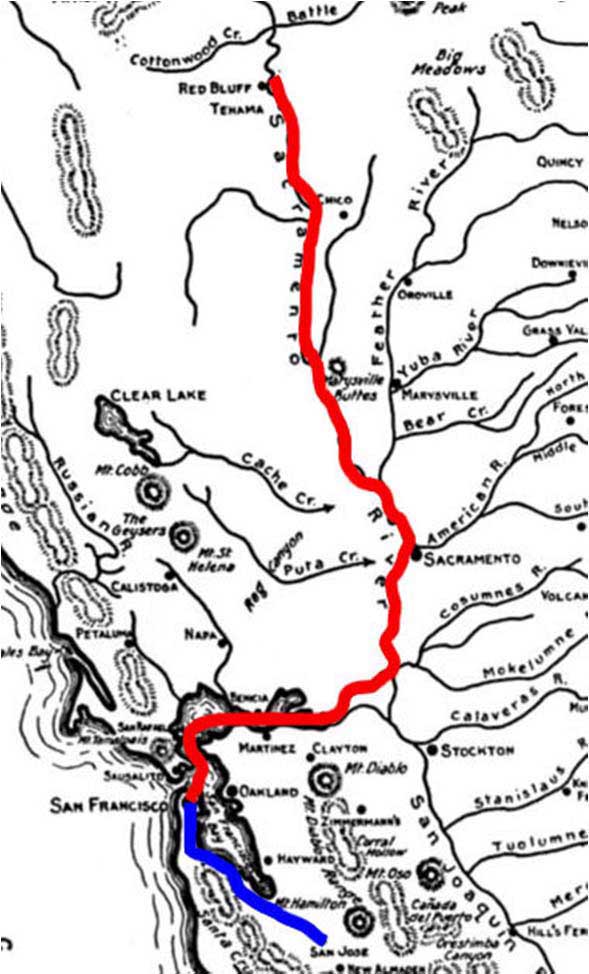 Map of Sacramento River Express route from Red Bluff to San Francisco