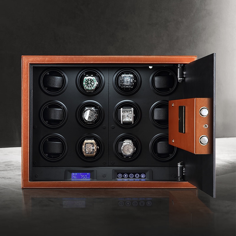 Saddle Leather 12 Slot Watch Winder Safe