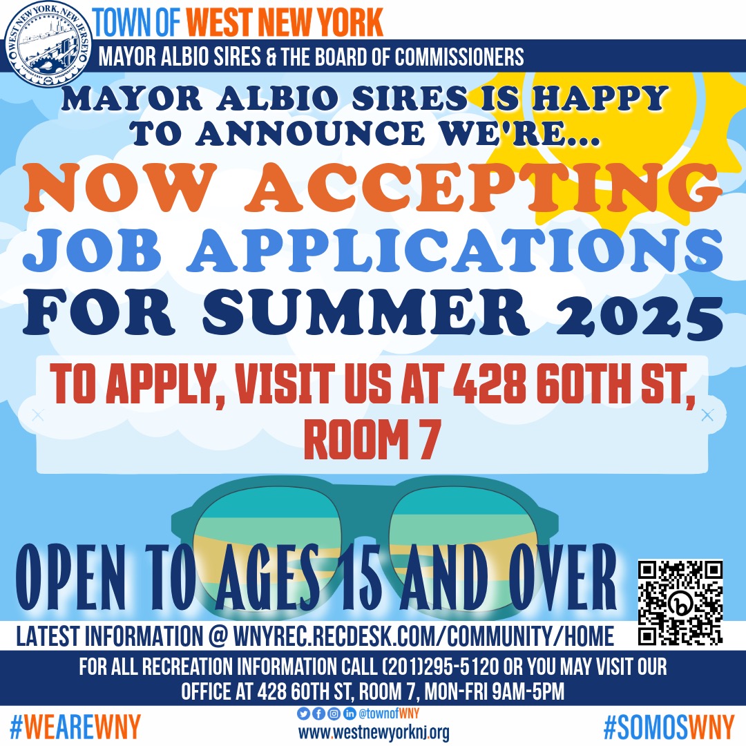 Applications for the Division of Recreation's 2025 Summer Jobs are now being Accepted. The Town of West New York Applications for the Division of Recreation's 2025 Summer Jobs are now being Accepted. The Town of West New York