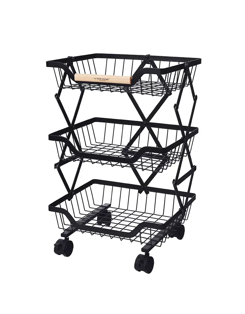 3 Tier Foldable Rolling Cart, Black Supply