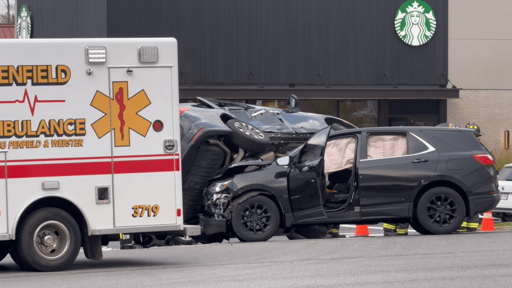 Threecar crash in Penfield leaves one car on top of another