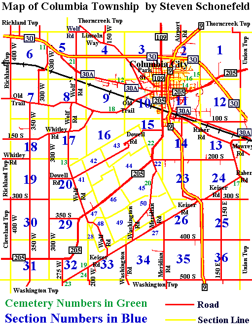 Index to Combined Cemetery Listings of Columbia Township Whitley County