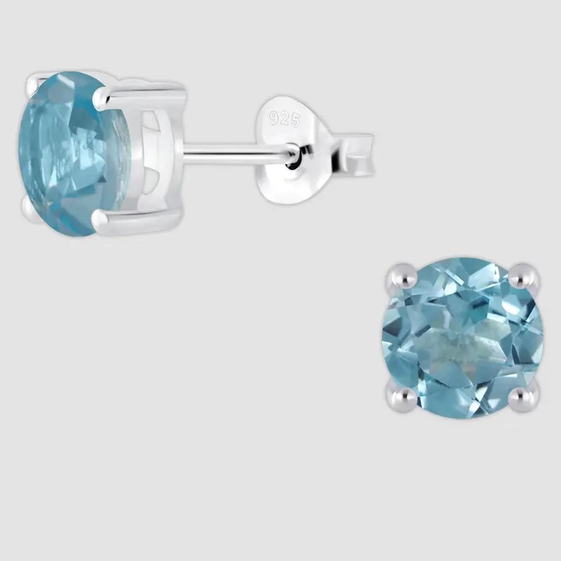 Real Aquamarine Stud Earrings Basket Setting For Women's