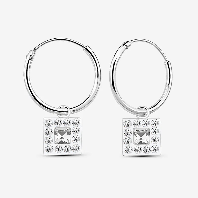 Silver Square Crystal Charm Hoop Earrings Whole Sale 925 Silver