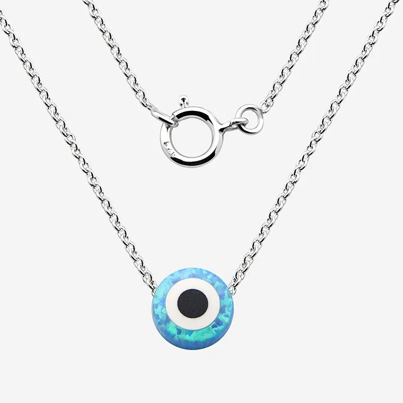 Silver Light Blue Opal Evil Eye Necklace Whole Sale 925 Silver