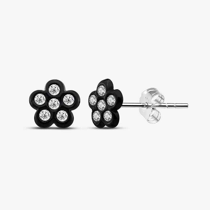 Black Enameled Silver Crystal Childrens Stud Earrings Whole Sale 925