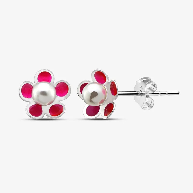 Pearl Flower Silver Childrens Stud Earrings Whole Sale 925 Silver